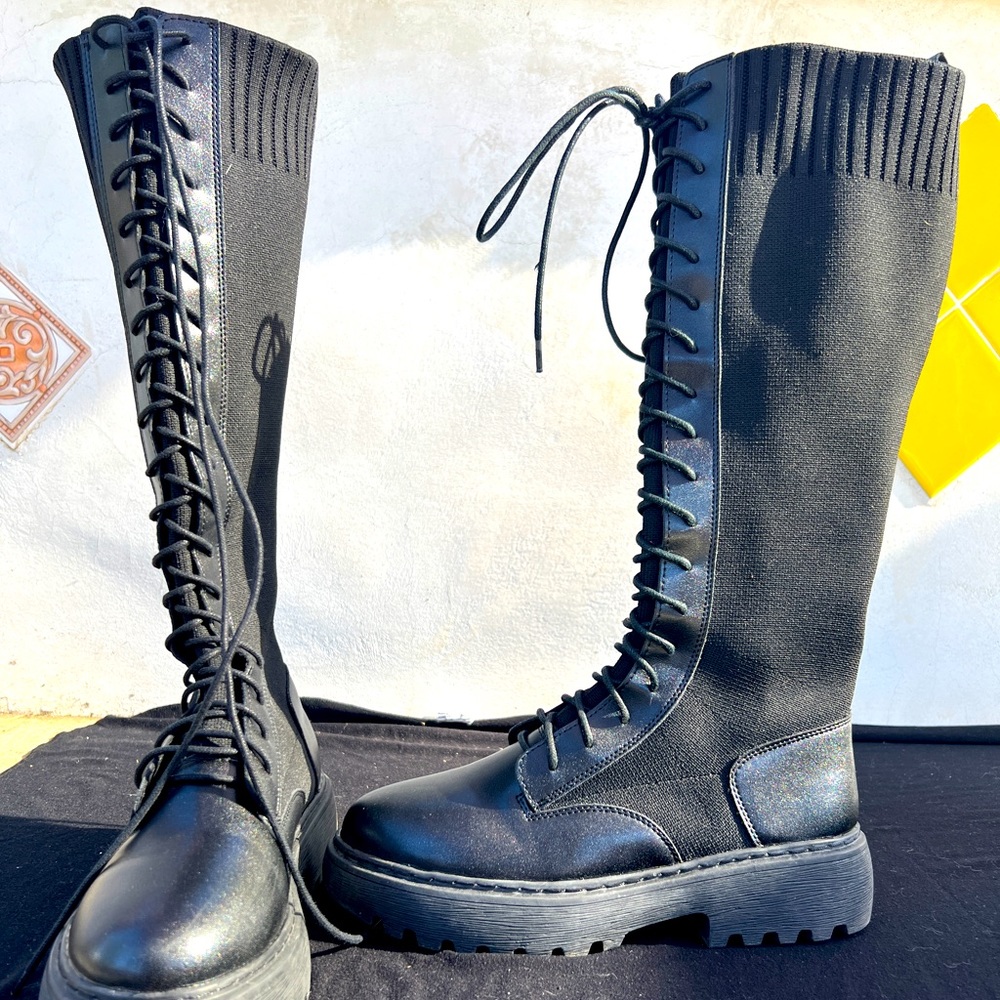 All Black Lace Up Tall Boots